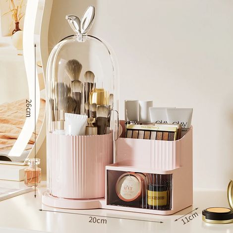 (Grand modèle rose) Boîte de rangement rotative à 360° pour pinceaux de maquillage, présentoir cosmétique de bureau avec tiroirs