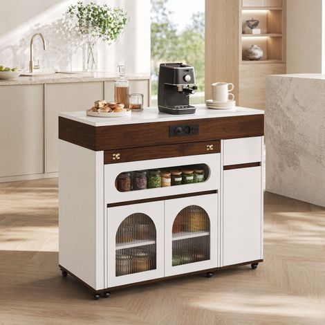 Isola da cucina 110,5x50,5x95,5 cm in legno bianco/noce allungabile, FloraGrace (1/5)