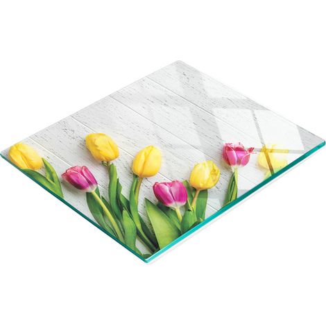 Tabla de cocina de vidrio templado con gr谩ficos decorativos de tulipanes amarillos, 60x52 cm. (1/5)