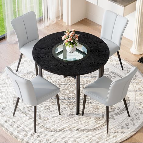 Table à manger ronde 100 cm avec 4 chaises en PU, noir et gris HAVRYA (1/5)