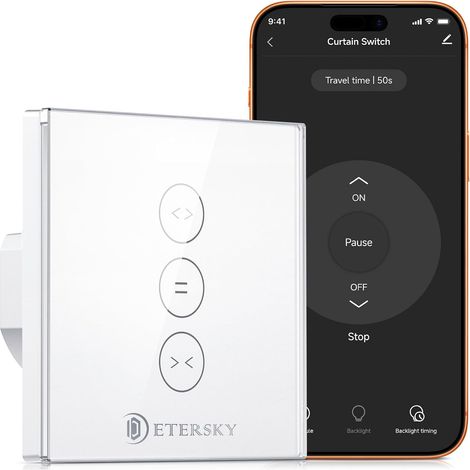 Interrupteur Volet Roulant Connecté, Etersky Interrupteur WiFi Mural de Rideau Compatible avec Alexa et Google Home, Interrupteur Tactile WiFi, Timer et Partager【Besoin d'une Ligne Neutre】