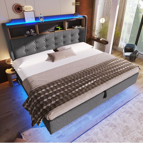Polsterbett 180x200 cm Grau mit LED, hydraulischem Stauraum, USB und Type-C (1/5)