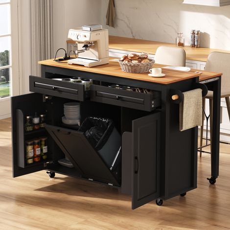Isla de cocina móvil con encimera extensible y enchufes, negra OKMYHOME (1/5)