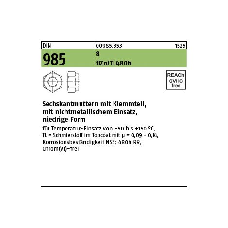 Selbstsichernde Sechskantmutter DIN 985 M 30 x 3,5 Stahl zinklamellenbeschichtet 25 Stk