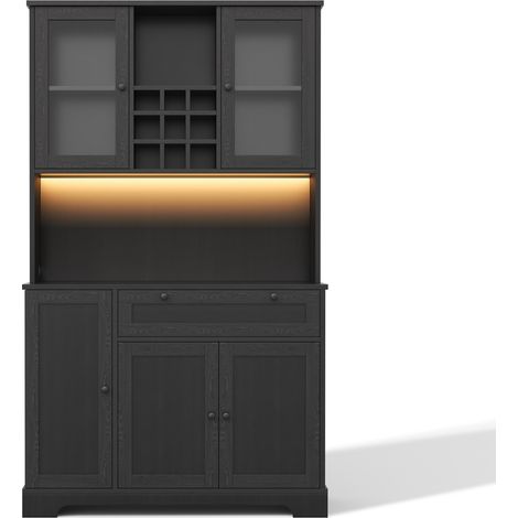 Hoher Küchenschrank schwarz aus MDF und Glas mit LED, Steckdose und verstellbaren Regalen (1/5)