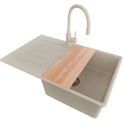 PRIMAGRAN Evier Cuisine en Granit 78x50cm, Lavabo 1 bac + Robinet 38x14cm + Kit de Vidage + Accessoire, Évier à Encastrer au meuble 50cm - Copenhague, Beige (1/5)