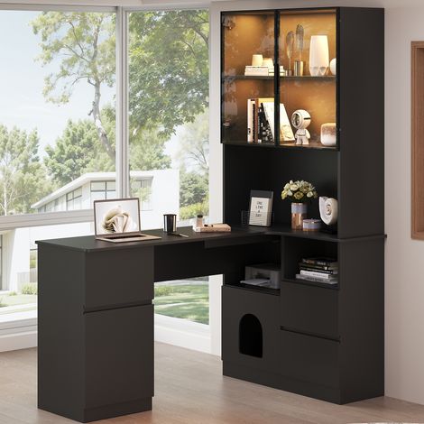 MEUBLIV Bureau d'angle 120x80x180 cm noir – LED, rangements, tiroirs, vitrine (1/5)