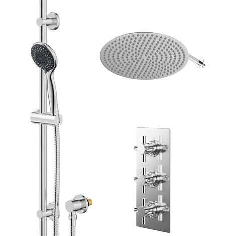 Wholesale Domestic Cross Polished Chrome Concealed Triple Thermostatic Shower Valve and 400mm Thin Round Fixed Head with Wall Arm and Clyde Slide Rail Kit with Round Elbow - 2 Outlet (1/5)
