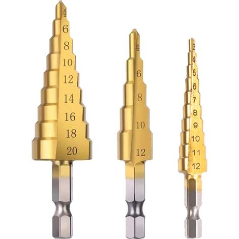 Brocas escalonadas, fresa de doble ranura, broca cónica de acero de alta velocidad para acero, madera, plástico, latón, aluminio, 3 piezas (1/5)