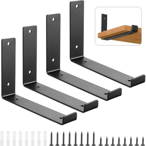 Set di 4 robuste staffe per mensole flottanti da 30 cm per scaffalature a muro in stile industriale, con viti abbinate, colore nero. (1/5)