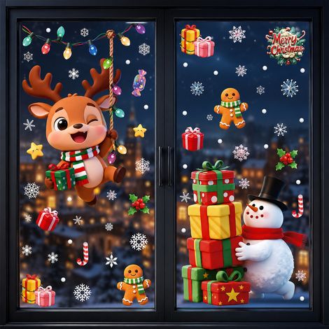 Kit de décoration de vitrine de Noël avec autocollants statiques bonhomme de neige et renne pour centres commerciaux et magasins.