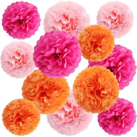 Lot de 12 pompons en papier de soie multicolores - Beige et rose - Décoration pour anniversaire, mariage, fête prénatale, fête de jardin, 30,5 cm, 30,5 cm (orange-rose) (1/5)