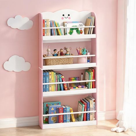Rangement mural 4 étagères pour livres enfants en MDF et pin rosa (1/5)