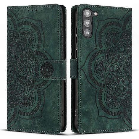 Étui rétro en cuir givré, motif mandala gravé, coque de téléphone élégante et robuste, protection quotidienne, style vintage unique. (1/4)