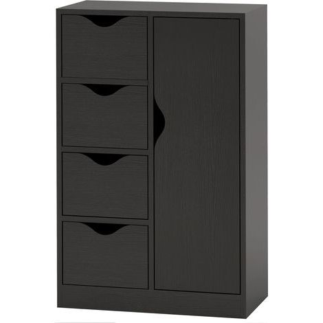 Meuble de rangement buffet commode 1 placard et 4 tiroirs, en bois, pour salon, cuisine, entrée, salle à manger, noir (1/5)