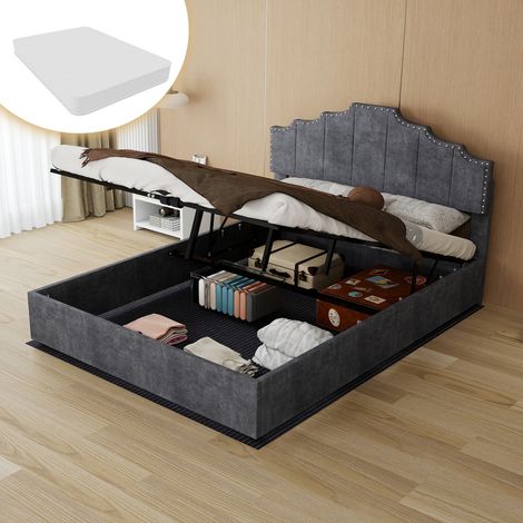 Bett modern minimalistisch aus grauem Stoff 140x200 cm mit geometrischem Kopfteil und inklusive Matratze (1/5)