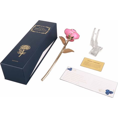 Rose dorée romantique 24K avec support, feuilles de fleurs réelles trempées or, rose pâle, décoration élégante (1/5)