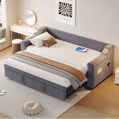 Letto bambini 90x190 cm con letto aggiuntivo, altoparlante Bluetooth, porta USB e tasche sui braccioli, rivestimento in velluto, grigio, senza materasso (1/5)