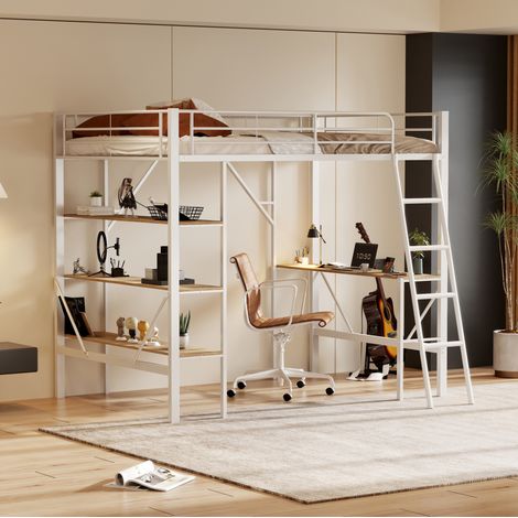 Hochbett Metall/MDF weiß 90x200 cm mit Schreibtisch, 3 Ablagen und Lattenrost (1/5)