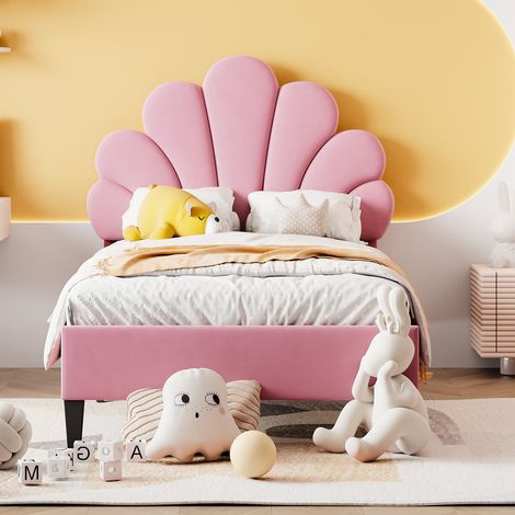 Lit enfant rembourré 90 x 200 cm, tête de lit en forme de fleur, lit fille, cadre de lit avec sommier à lattes, velours, rose (livraison locale, garantie 2 ans) (1/5)