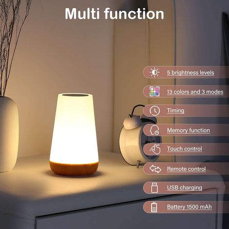 2 pcs Tactile Lampe de Chevet LED Veilleuse Portable Veilleuse Lampe de Bureau 13 Couleurs RVB USB Rechargeable Luminosité Dimmable Télécommande pour Chambre Bébé et Salon Marron (1/4)