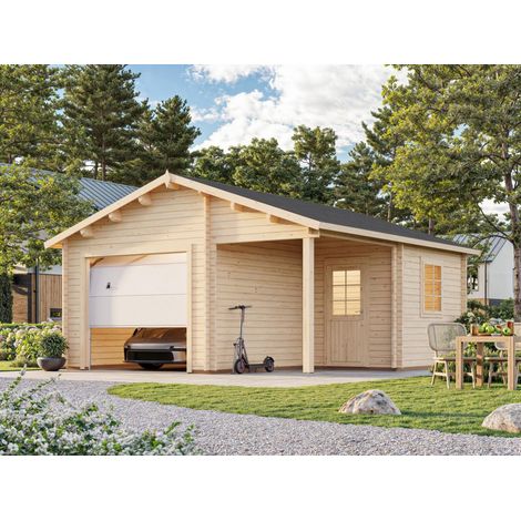 Garage en bois 21,9m² avec auvent 5,2m² – Double porte en bois – Structure en madriers 44mm – Fabrication européenne – Palmako (1/5)