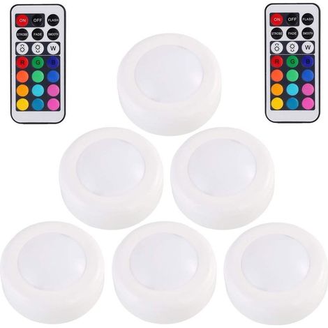 Spot Lumineux Led - 6 Pièces - 16 Couleurs Rgb - Télécommande Incluse - 55 Lumen - Alimentation Piles Aa - Pour Meubles Et Chambres (1/5)