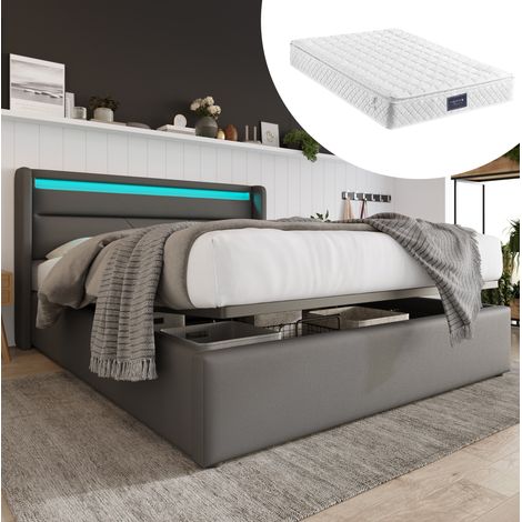 Letto contenitore imbottito moderno 140x200 cm in PU grigio con testiera LED, rete sollevabile idraulica (1/5)