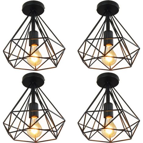 4 Piezas Lámparas de Techo Industrial Vintage Lámparas Colgante Metal Iluminación de Techo Jaula Diamante Negro Ø25cm