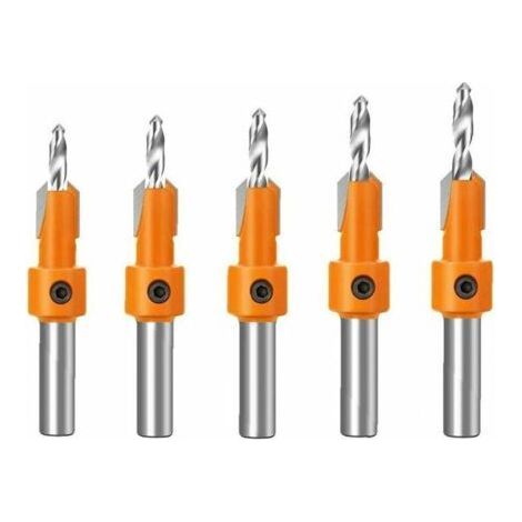 Juego de 5 brocas avellanadoras HSS con vástago de 8 mm y topes para carpintería. (1/4)