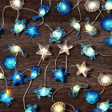 Guirlande lumineuse avec animaux marins, 2 m, 20 LED, alimentée par batterie, en forme d'étoile de mer, tortue, coquillages, pour chambre d'enfant, fêtes, anniversaire (1/5)