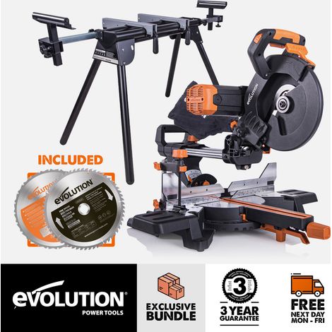 Evolution Bundle - R255SMS-DB+ 255mm Double Bevel Sliding Mitre Saw with Mitre Saw Stand and 60 Tooth Fine Wood Cutting Blade (110V)
