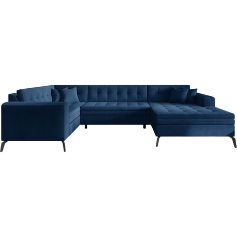 Canapé panoramique convertible BONTY velours matelassé-Bleu-Méridienne A droite (1/5)