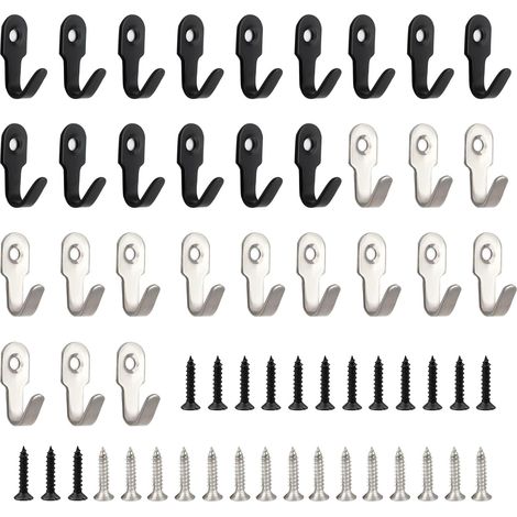 Juego de 30 ganchos de pared atornillables, gancho para llave inglesa, 27 mm, acero inoxidable, con 30 tornillos, estilo vintage, para cocina, baño y oficina (negro, plata). (1/5)