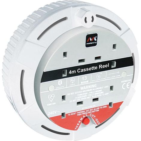 Cassette Cable Reel 4 Metre 4 Socket Thermal Cut-Out White 13A 240 Volt MSTSCT04134W