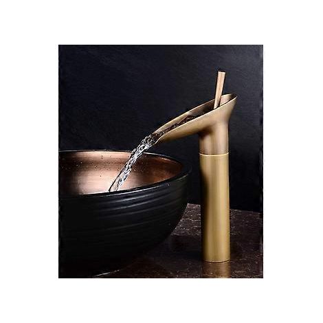 Waschbeckenarmatur mit Wasserfallfunktion, Waschbeckenarmatur aus antikem Messing, Warm- und Kaltwasserschalter