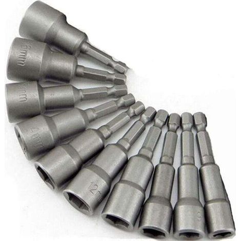 10 x Douille Magnétique pour Visseuse - Adaptateur Embout, Mandrin Pans Carré Hexagonal 6-19mm (1/5)