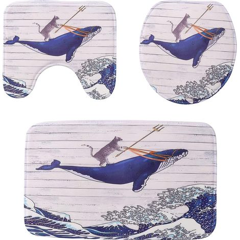 Tapis de bain Healeved 3 pièces style japonais avec motif chat et baleine , ronds en feutre , doux r