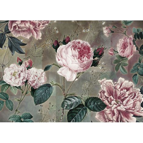 papier peint panoramique fleurs rose et taupe - Komar (1/3)