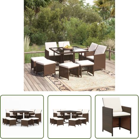 The Living Store 9-tlg. Garten-Essgruppe mit Kissen Poly Rattan Braun - Garten Möbel - Essgruppe - Outdoor Esstisch - Rattan Gartenmöbel - Gartenset (1/5)