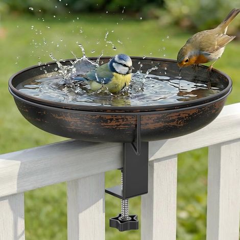 Bain d'oiseaux suspendu pour balustrade de balcon, diamètre : 26 cm, en métal, grande capacité, antique, pour oiseaux sauvages, résistant à l'hiver, bronze vintage (1/5)