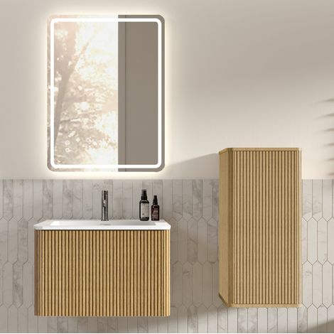 Meuble salle bain LED avec vasque, miroir chêne HAVRYA (1/5)