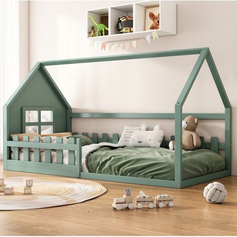 letto camera 90x200 casetta verde pino solido bambini HAVRYA (1/5)