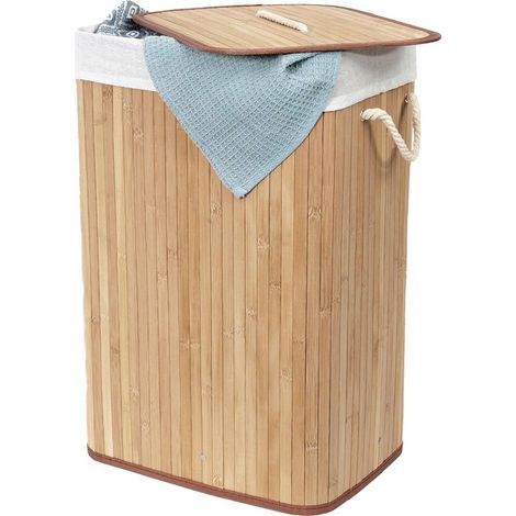 Minkurow – Panier à linge en bambou pliable avec sac détachable – Dimensions 40 x 30 x H.50 cm – Tissu intérieur en polycoton lavable – Ambiance spa (1/5)