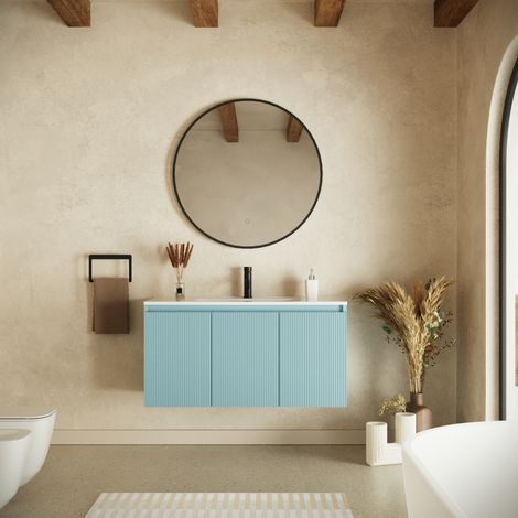 Mobile bagno sospeso 100cm tre ante carta da zucchero cannettato con lavabo bianco lucido Pelion (1/4)