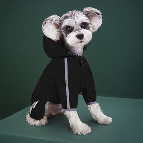 Schwarzer S-förmiger Hunderegenmantel, Hunderegenmantel mit Kapuze, Regenmantel mit Leinenösen, reflektierenden Streifen für kleine und mittelgroße Hunde, leicht für Outdoor-Abenteuer/Spaziergänge.