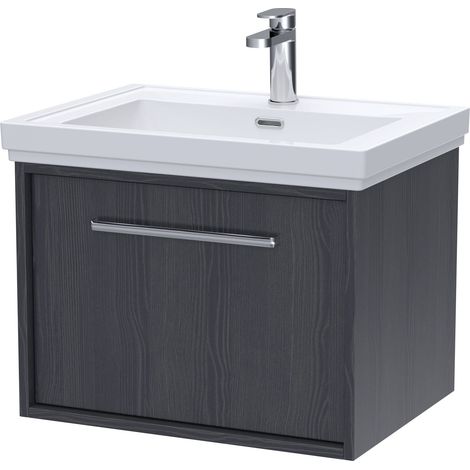 Sturbridge Contemporary 1 Drawer Wall Hung Vanity Unit with Traditional 1 Tap Hole Fireclay Basin , 600mm, Graphite Grey Woodgrain