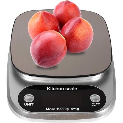 Multifunktionale digitale Küchenwaage aus Edelstahl mit Flüssigkristallen und hoher Präzision. Messbereich von 1 g / 0,035 oz bis 10 kg. Abmessungen: 21 x 15,5 x 3 cm. (1/5)