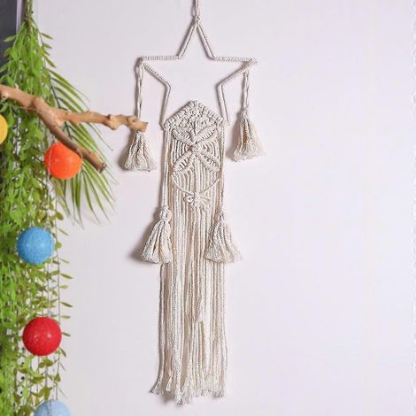 Décoration murale en macramé à pompons, tapisserie à pompons tissée à la main (1/4)