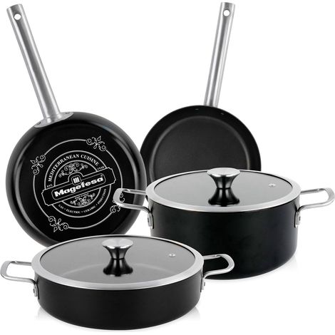 Magefesa Ares Batería Cocina Inducción 6 Piezas, Antiadherente Libre PFOA Exterior Negro Mate Retro Vintage  Negro
